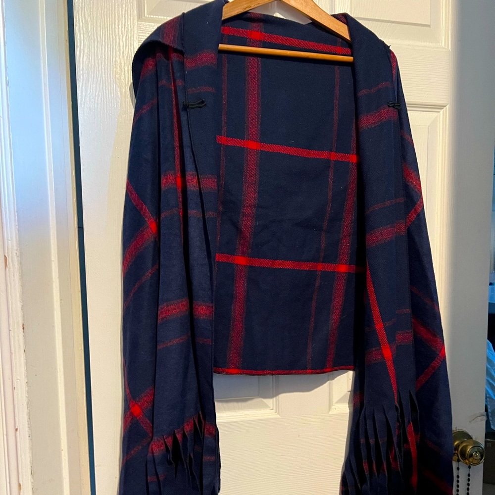 Dark Blue and Red plaid hooded cardigan sweater OS